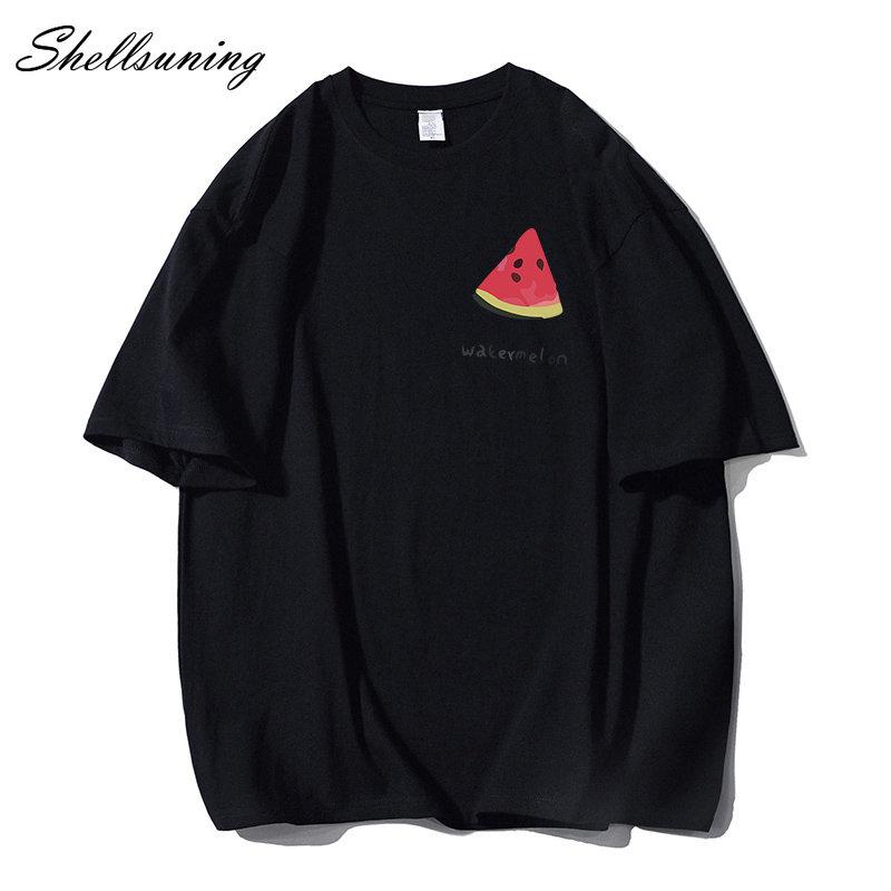 Shellsuning Tricouri casual din bumbac de vară cu decolteu în formă de O Tricouri cu grafic pentru femei drăguț pepene verde pentru femei, simplu, la modă, cu mâneci scurte, topuri fete