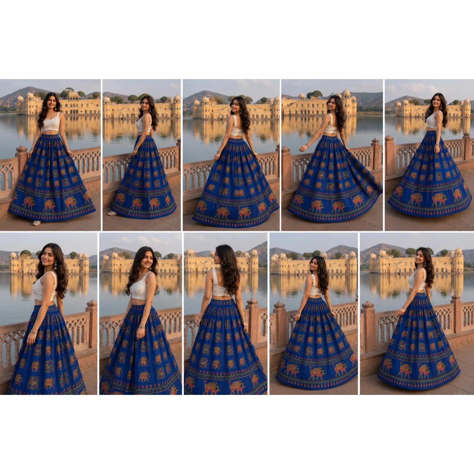 Elephant Printed Blue Cotton Skirt Women Designer Casual Wear Long Flared Skirt Free