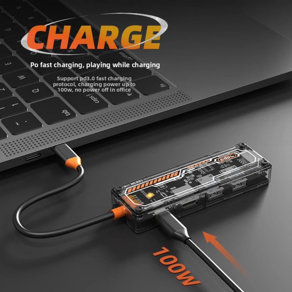 5 in 1 Type C Docking Station Transparent Design USB Hub with RJ45 100Mbps Ethernet Adapter