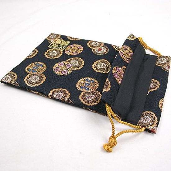 Senshishuin Nishijin Brocade Drawstring Bag Gold Circle Large (Lined) Crest/Black,