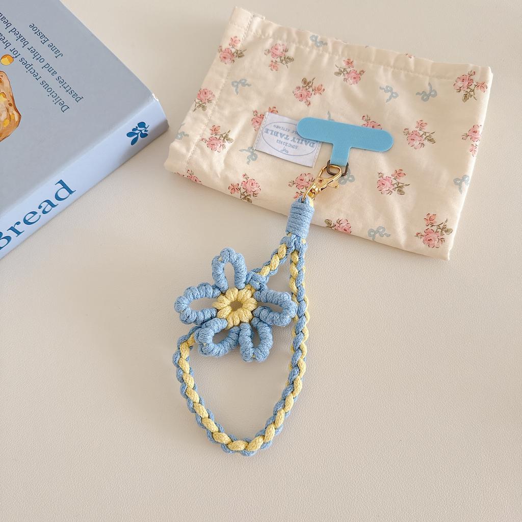 Ins Knit Colorful Flower Short Lanyard for Mobile Cell Phone Hand Wrist Strap Double Color Contrast Universal Rope Accessories