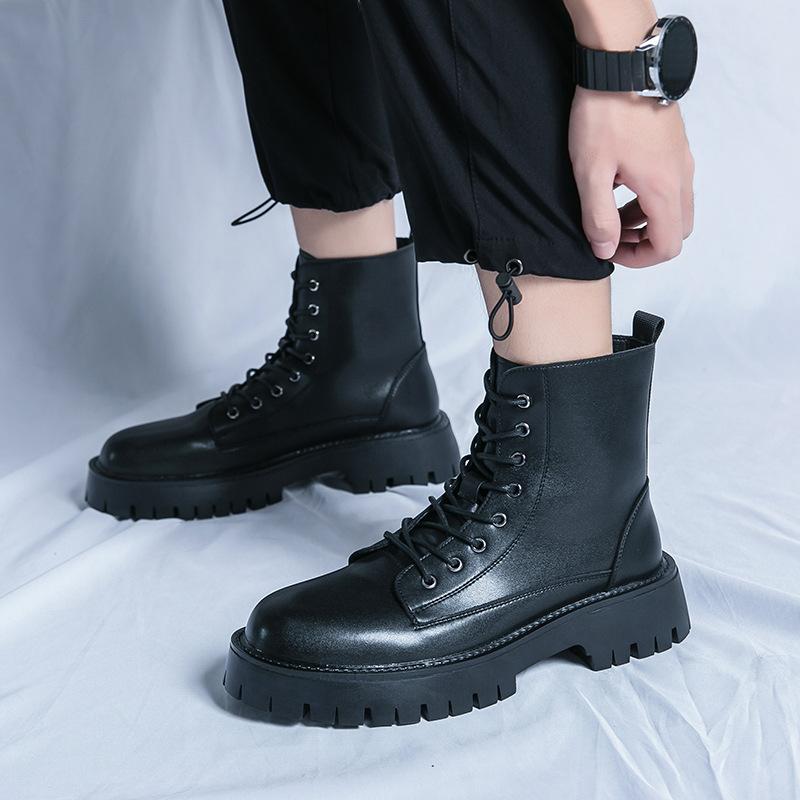 Men's Martin Boots Large Size High-top Thick-soled Lace-up Tooling Short Boots Heightened Wear-resistant British Style Retro Leather Boots Men