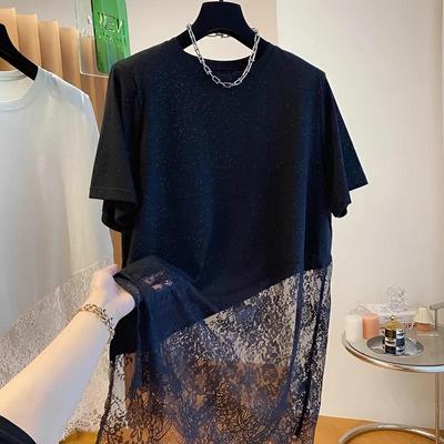 Mesh Lace Patchwork Women's Loose Fit Short Sleeve T-Shirt