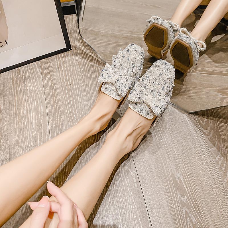 Baotou half slippers women's summer wear new bow-tie rhinestone cool slippers flat-soled single shoes half-tray shoes