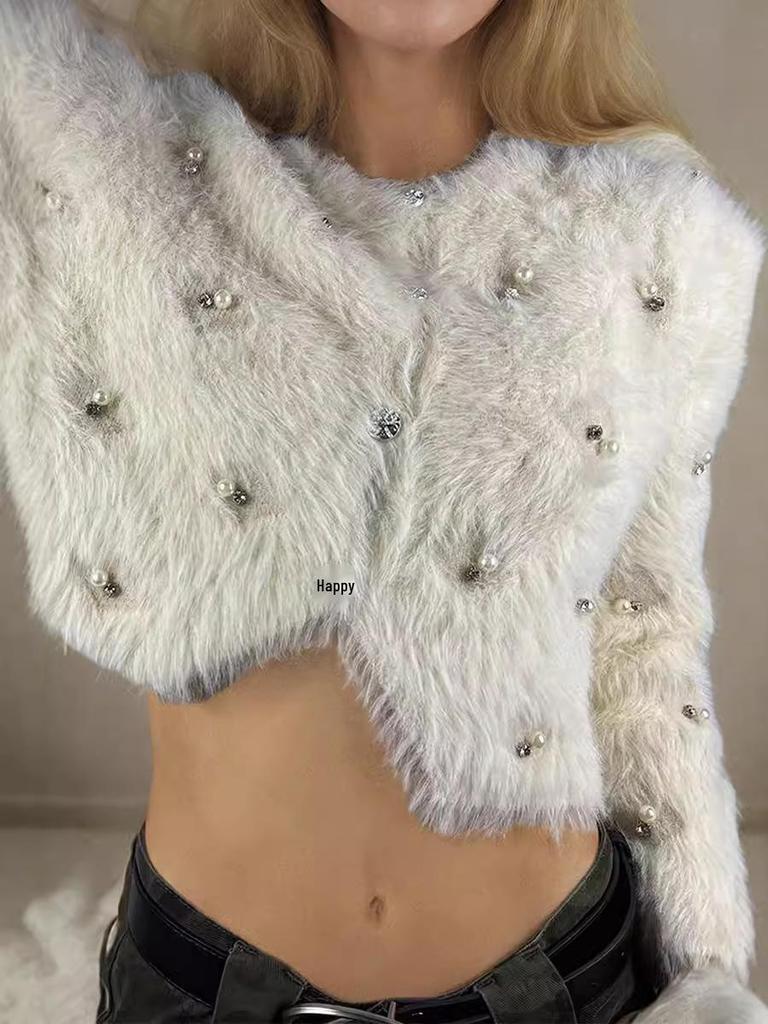 Women's Imitation Mink Velvet Beaded Cardigan Sweater