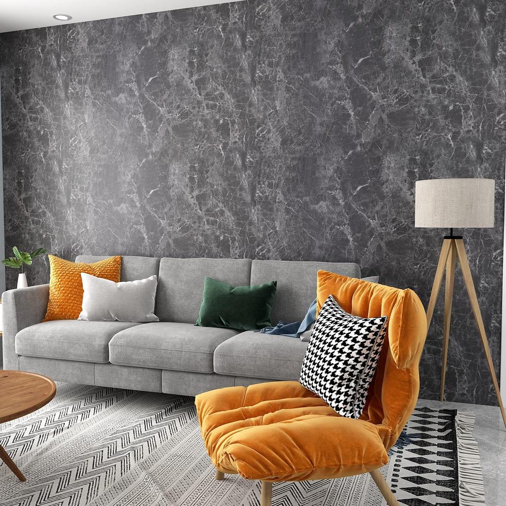 VEELIKE Marmor Tapetenaufkleber, Dick, Schwarz, Marmor-Look Tapete, Abziehbar, Schneidebogen, Innenraumfolie, Stein-Look, 40cm x 900cm, Einfache Anbringung