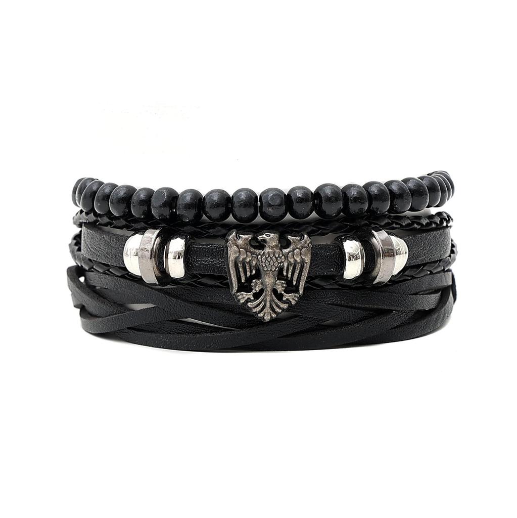 Retro Black Eagle Head Multi-Layer Leather Bracelet Set