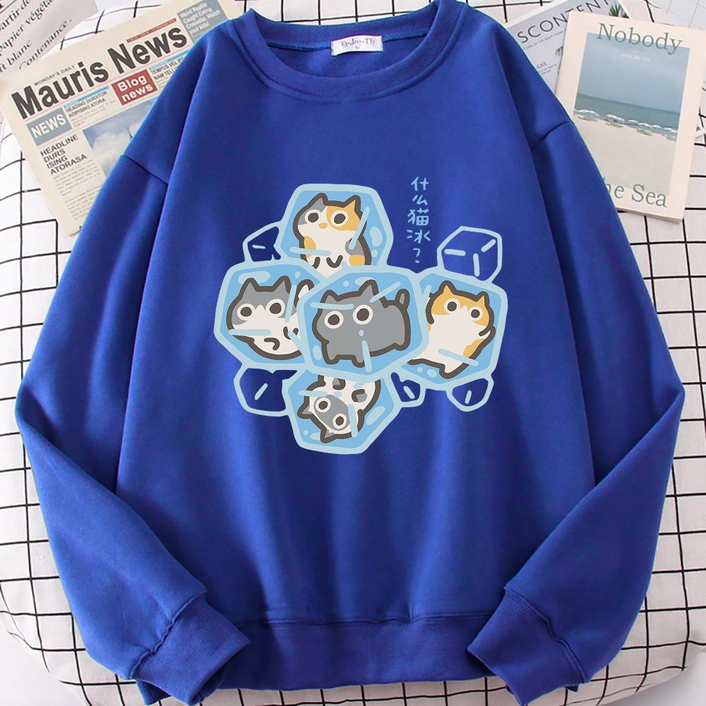 Ice Cat Dibujos Animados Divertidos Gatos Lindo Estampado Sudadera Hombre Mujer Harajuku Cuello Redondo Sudadera con Capucha Estampados Otoño Ropa Deportiva Sudadera Holgada
