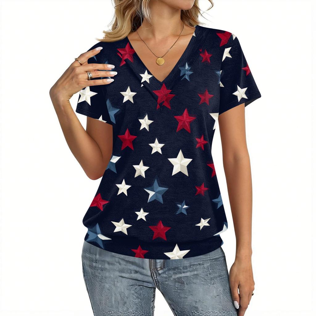 Women's Casual V Neck Short Sleeve Top Independence Day Print Lightweight Comfortable Summer Shirt for Everyday Wear