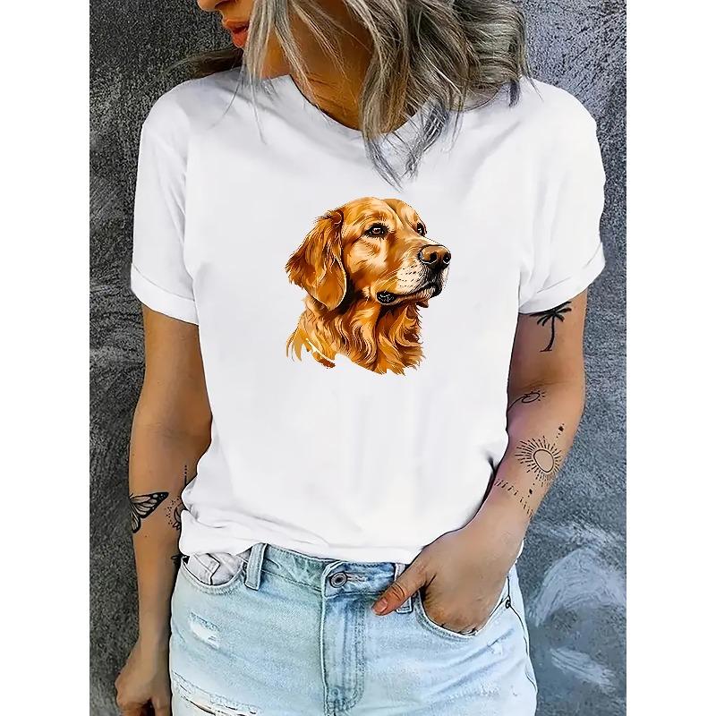 European Size Women's Casual Short Sleeve T-Shirt with Cute Golden Retriever Graphic Print - Soft Stretch Round Neck Tee