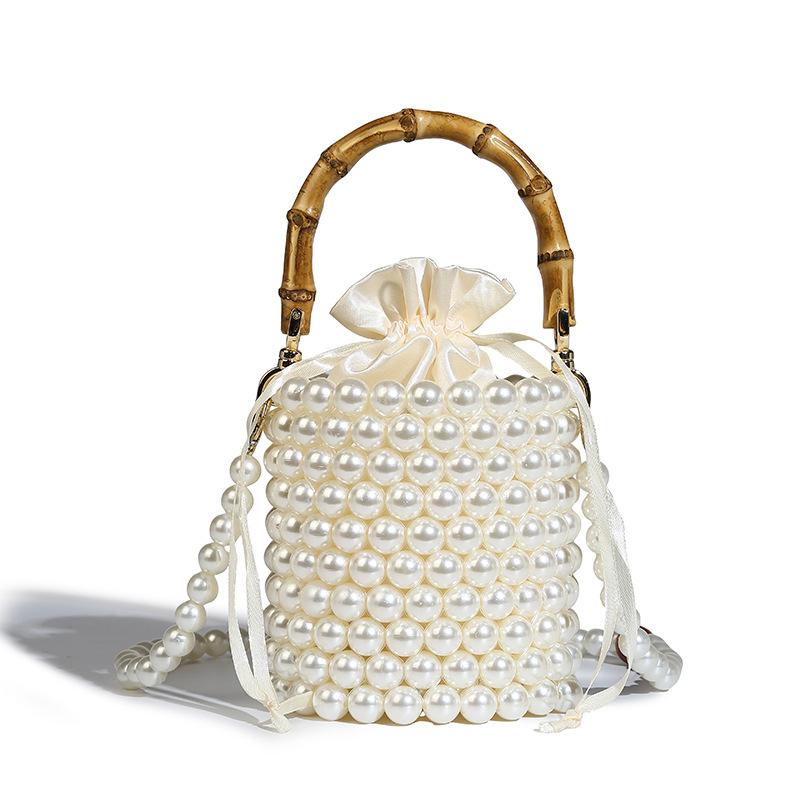 Original Design Drawstring Bucket Bag for Women 2024 New Pearl Chain Bag Handheld Bamboo Knot Bag Single Shoulder Crossbody Bag