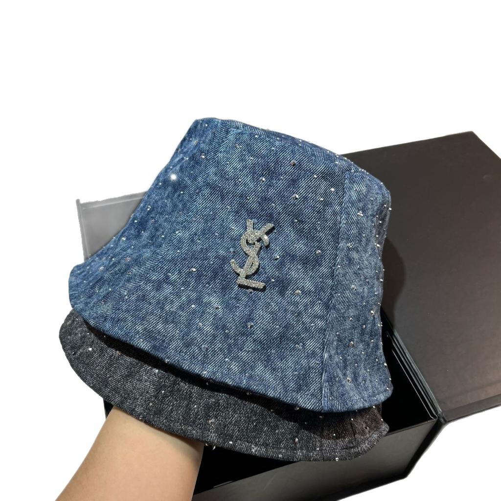 Vsl Paris Rhinestone Denim Bucket Hat Autumn Trendy Smudged Retro Forward Hat