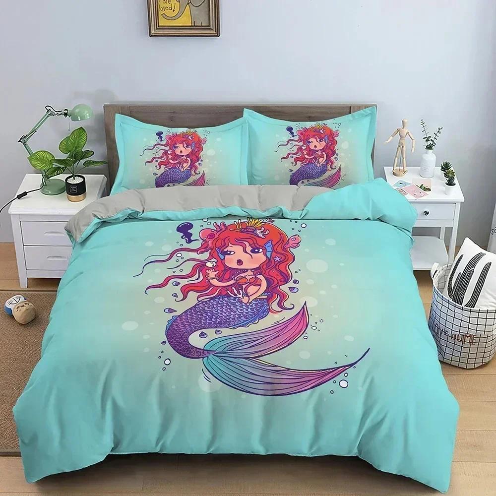 Cartoon Mermaid Pattern Duvet Cover Set Children Bedroom Decor Mermaid Bedding Set For Kids Single Twin Double Size Kids Gifts