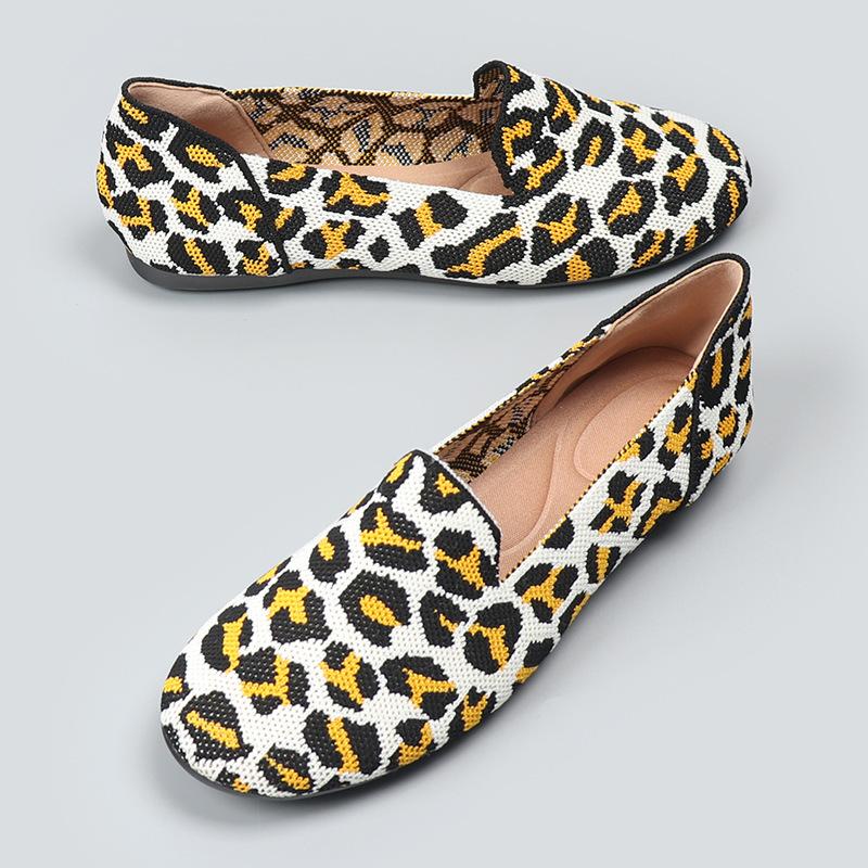 

New round head single shoes knitted woven ladyshoes flat bottom flying woven beanie shoes women 34 леопард друку кольору