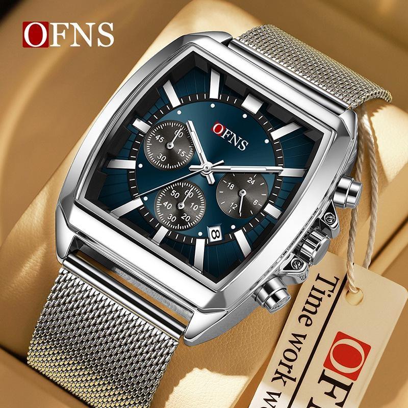 Herren Square Chronograph Armbanduhren Silikon-/Netzarmband, Luxuriöse Stilvolle Analoge Uhr für Arbeit & Streetwear