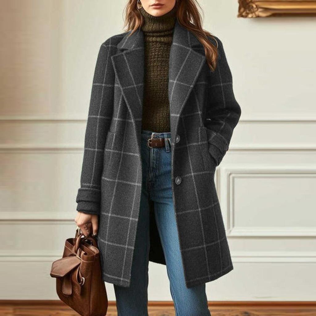 2025 Winter New Women's Casual Vintage Lapel Pocket Mid-Length Wool Blend Coat For Europe America