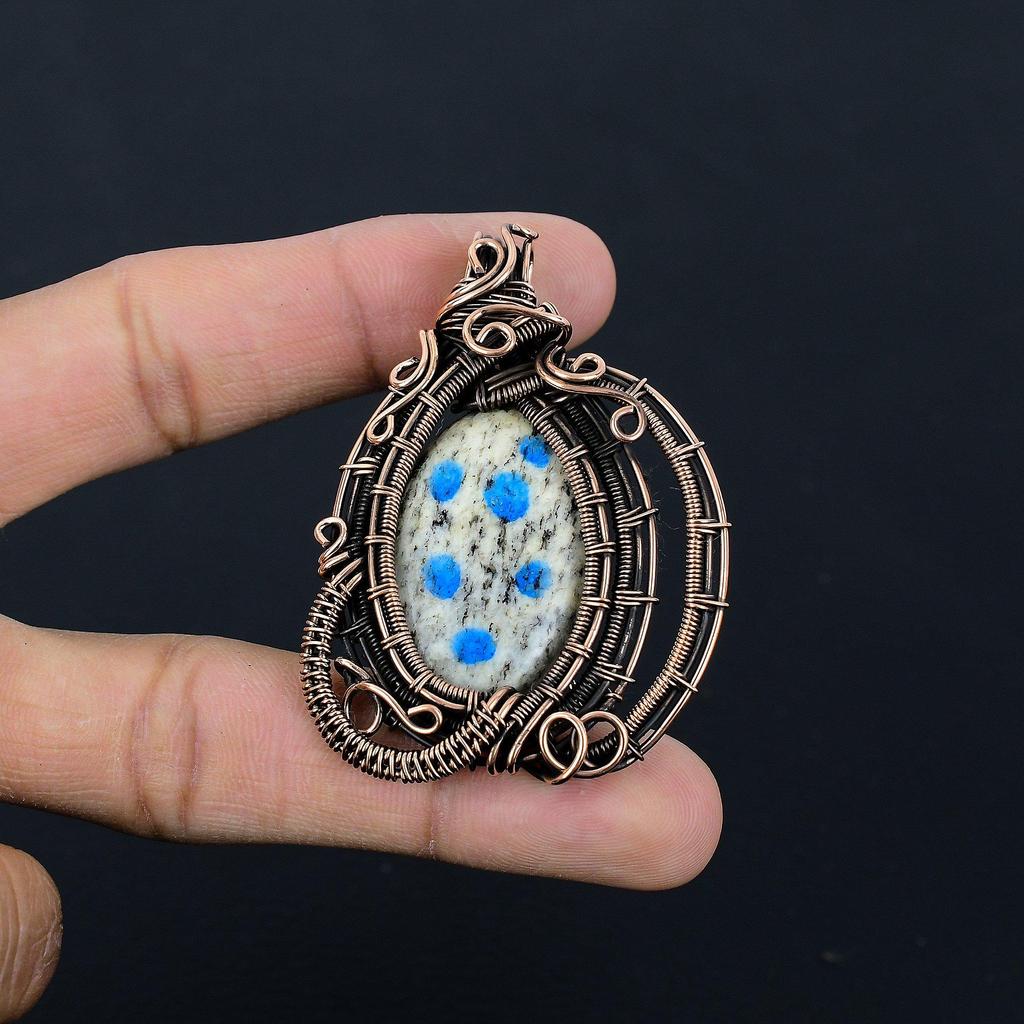 K2 Azurite Pendant, 999 Copper Wire Wrapped Gemstone Jewelry, Handmade Pendant, For Thanksgiving