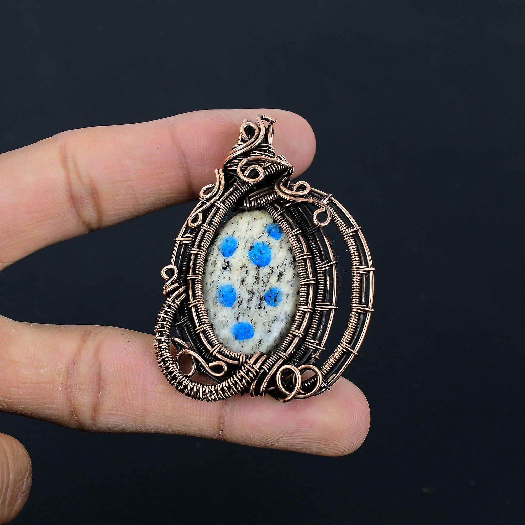 

K2 Azurite Pendant, 999 Copper Wire Wrapped Gemstone Jewelry, Handmade Pendant, For Thanksgiving 2.55 Inches