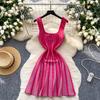 Knitted Dress Women's Summer New High-end Square Neck Sleeveless Suspender Waist Bright A-word Short Skirt