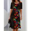 Elegantes atmungsaktives Rundhals-T-Shirt-Kleid mit kurzen Ärmeln und Allover-Muster