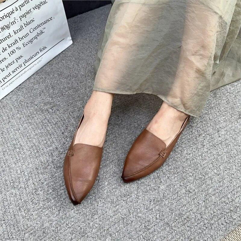 Johnature Retro Women Genuine Leather Pointed Toe Flats Shoes Handmade Shallow Soft Sole Solid Color Slip-on Shoes