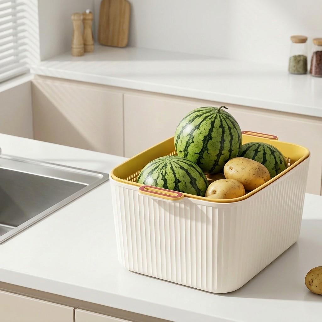 1/2/4PCS Fridge Double Layer Fruit Vegetable Storage Box Stackable Kitchen Organizer Plastic Drain Storage Basket With Handle