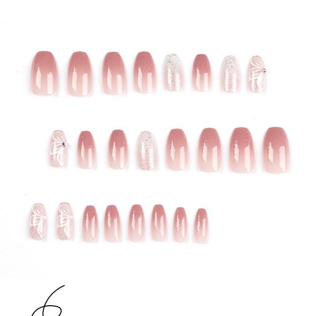 

24 шт. носимые накладные ногти, розовые градиентные блестящие стразы-бабочки, полное покрытие, акриловые кончики ногтей с пресс-клеем, съемные MYY 24pcs/set