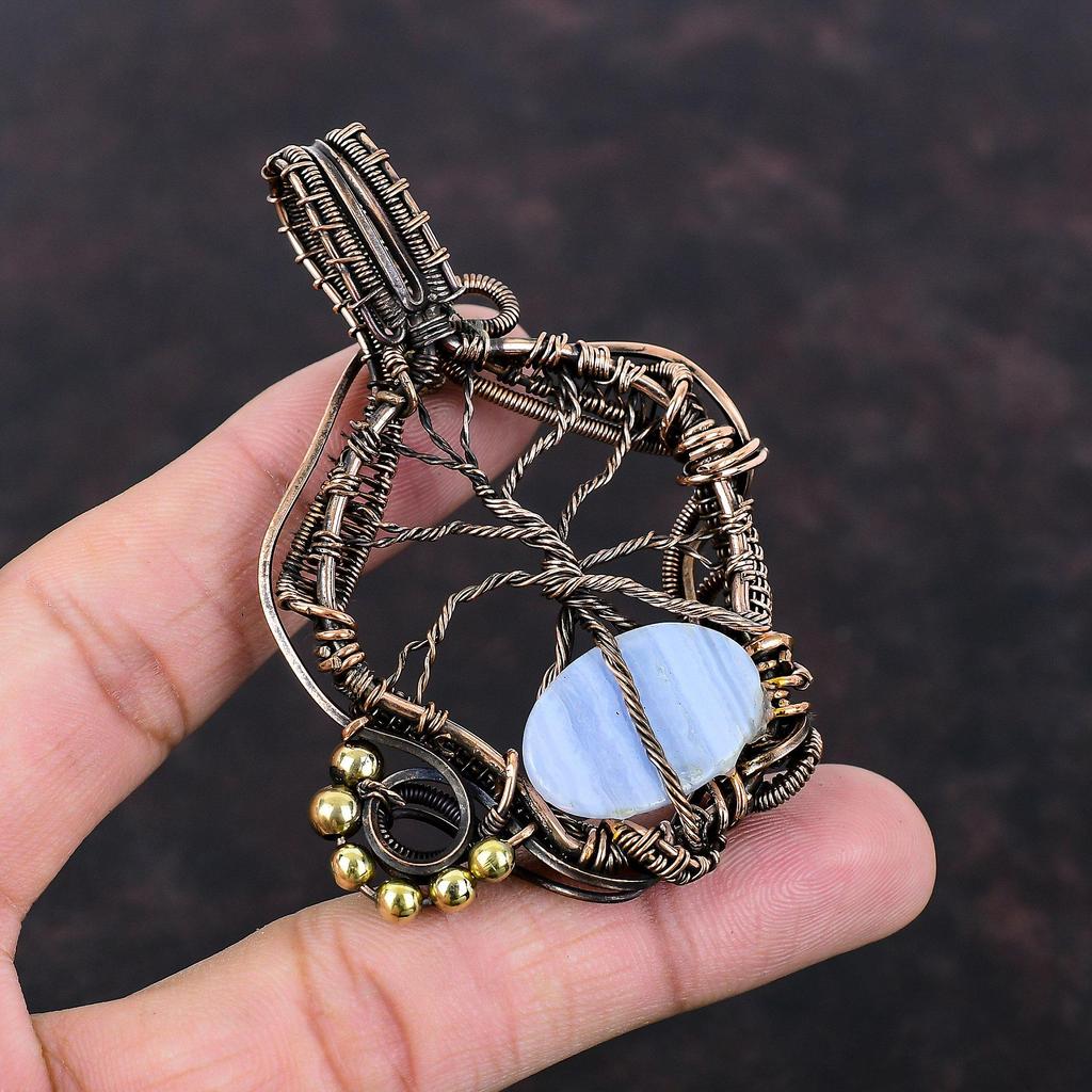 Tree Of Life Blue Lace Agate Pendant Copper Wire Wrapped Pendant Handmade Gemstone Pendant Copper Jewelry Gift For Mom Unique Design Pendant