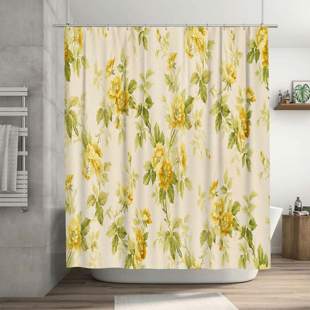 Delightful Floral Shower Curtain Yellow Green Watercolor Print For Bathroom Decor Waterproof Fabric 72 X 84, Durable, Anti-Milde