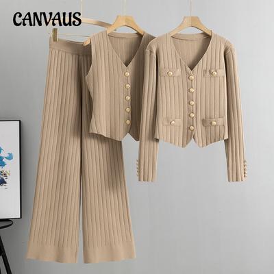 Calças de perna larga Plus Size Suéter Feminino Outono Colete Cardigan de malha Calça Terno