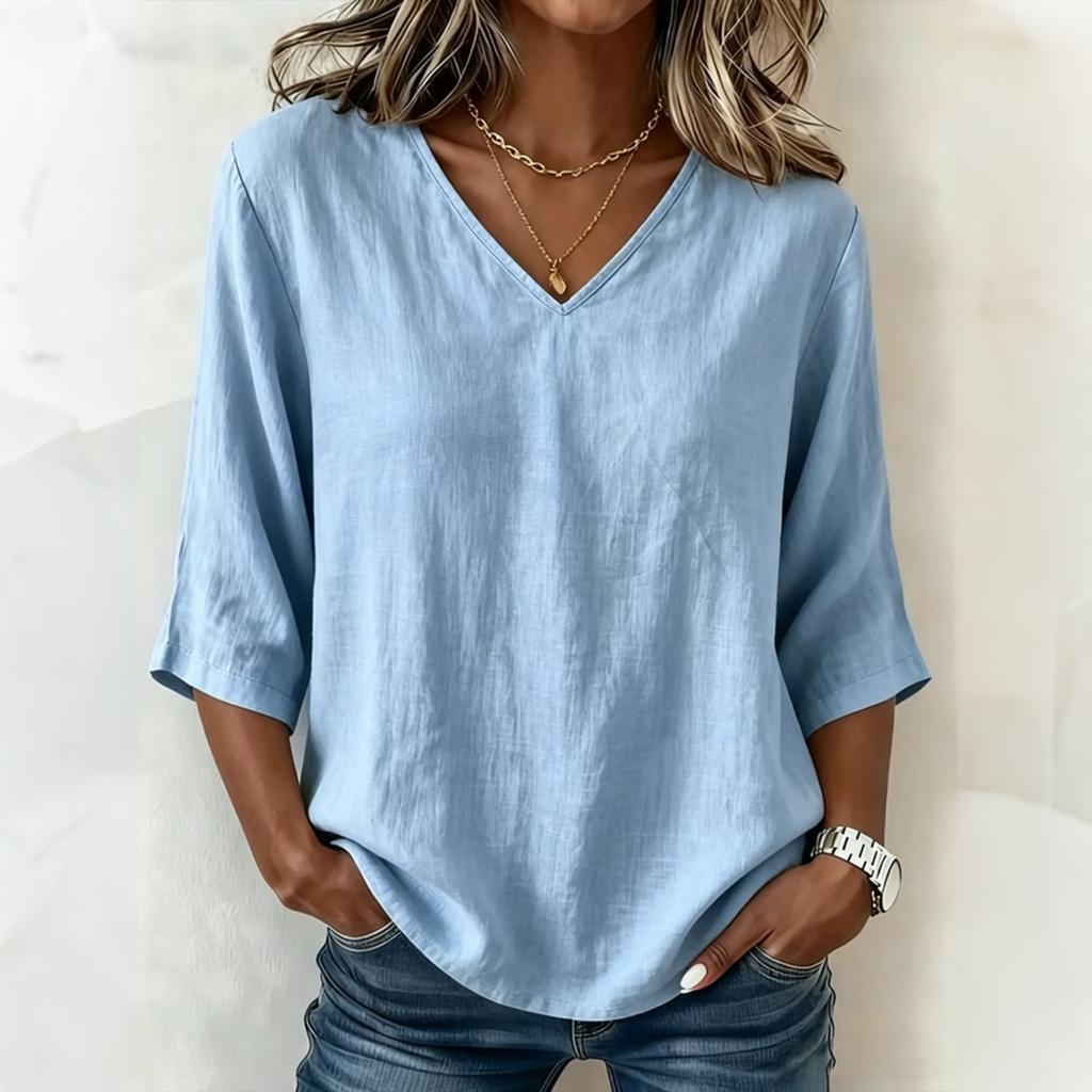 Women Loose Fit V Neck Top Mid Sleeve Relaxed Style Lightweight Jersey Cotton Casual Shirt for Everyday Wear