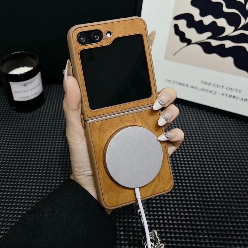 Cute Stars Magnetic Wireless Charging Wrist Strap PU Leather Phone Case for Samsung Galaxy Z Flip 6 5 4 3 Protective Cover