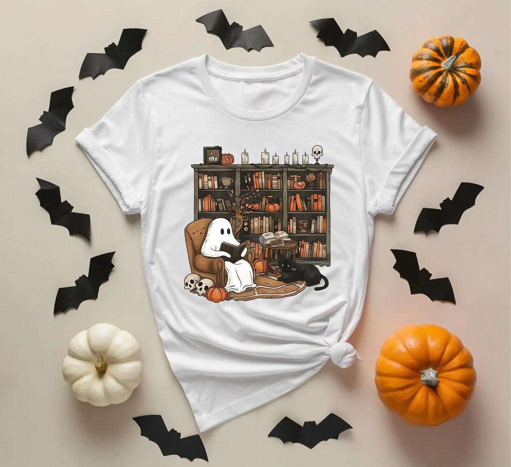 Halloween Library T Shirt Ghost Reading Book Bookshelf Ghostly Bookish Cute S Lover Hallowe Unisex