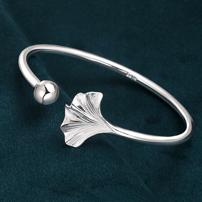 999 Sterling Silver Three Lives One Fate Open Bracelet, Ancient Style, Apricot Leaf Design, Artistic and Simple Women's Gift