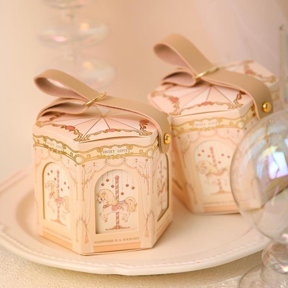 Leather Handle Carousel Gift Box Wedding Wedding with Hand Gift Decoration Wedding Candy Box