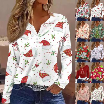 Women's Fashion Casual V-Neck Long Sleeve Christmas Printed T-Shirt Top