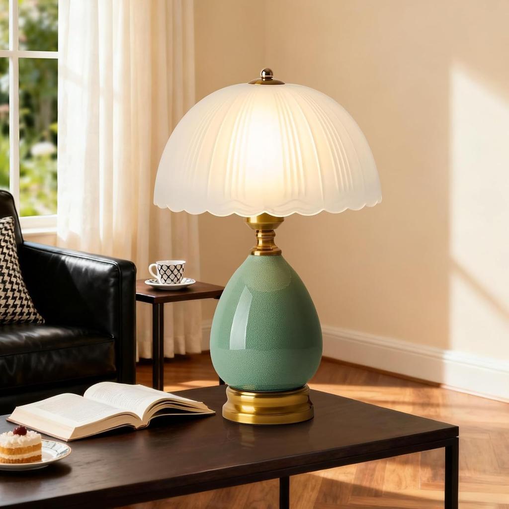 Vintage Keramik-Tischlampe mit plissiertem Glasschirm, Türkis & Gold Akzentlampe für Schlafzimmer, Wohnzimmer & Büro (Türkis-01)