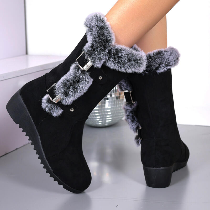 Fashion Vintage Fluffy Fur Non Slip Suede Snow Boots Women 2025 Winter Warm Plush Black Ankle Boots Metal Buckle Furry Short Booties 43