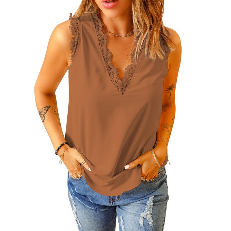 Women's V Neck Sleeveless Tank Top Loose Lace Trim Solid Color Casual Camisole