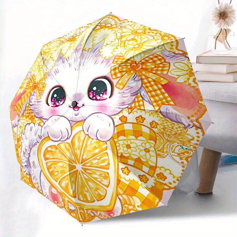 1pc Orange Kitten Ideas Automatic Open/CloseCartoon Umbrella-CuteUmbrella with Cute Design, Portable 3-Fold Compact Umbrella for Men & Women