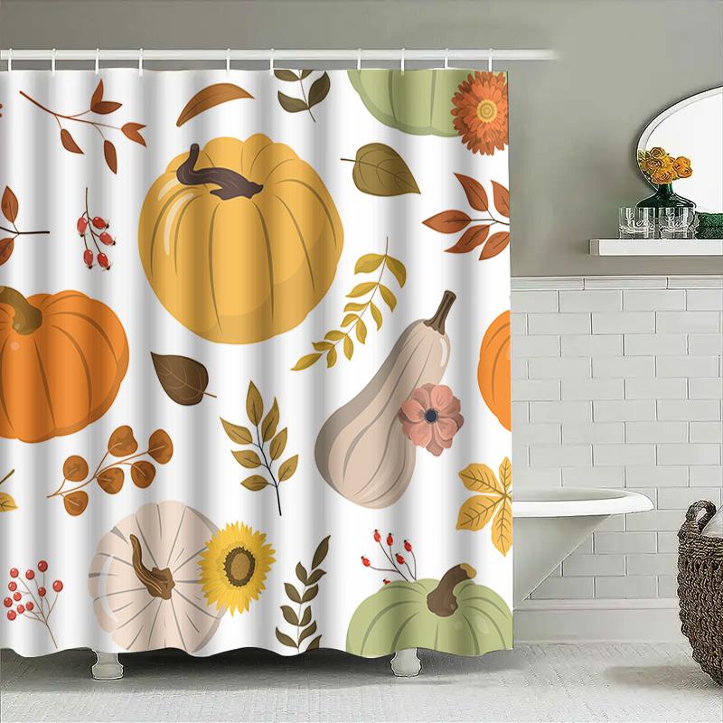 Autumn-Themed Shower Curtain Featuring Pumpkins, Gourds, Sunflowers And Berries Available In Multiple Sizes For Your Bathroom De