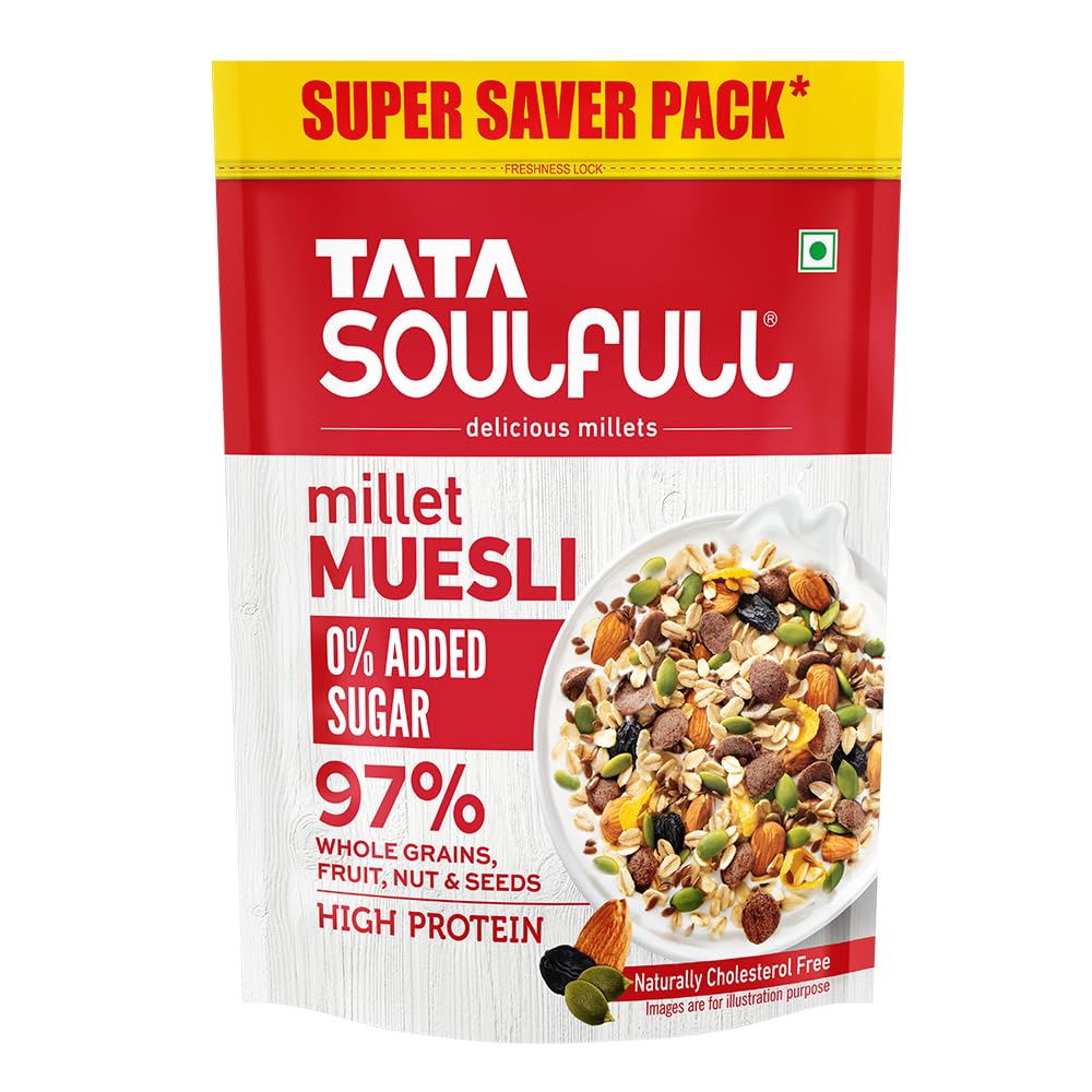 

Tata Soulfull 0% Added Sugar Millet Muesli, 700 g, High Protein, Rich in Fibre, 97% Wholegrains, Fruit, Nut & Seeds, Contains Ragi Flakes, Contai