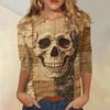 Women Casual Three Quarter Sleeve Halloween Skull Print Round Neck Top Lightweight Comfortable Fit Blouse for Everyday Wear