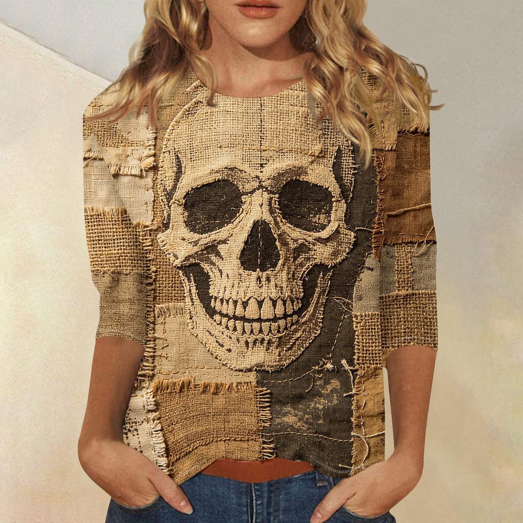Women Casual Three Quarter Sleeve Halloween Skull Print Round Neck Top Lightweight Comfortable Fit Blouse for Everyday Wear