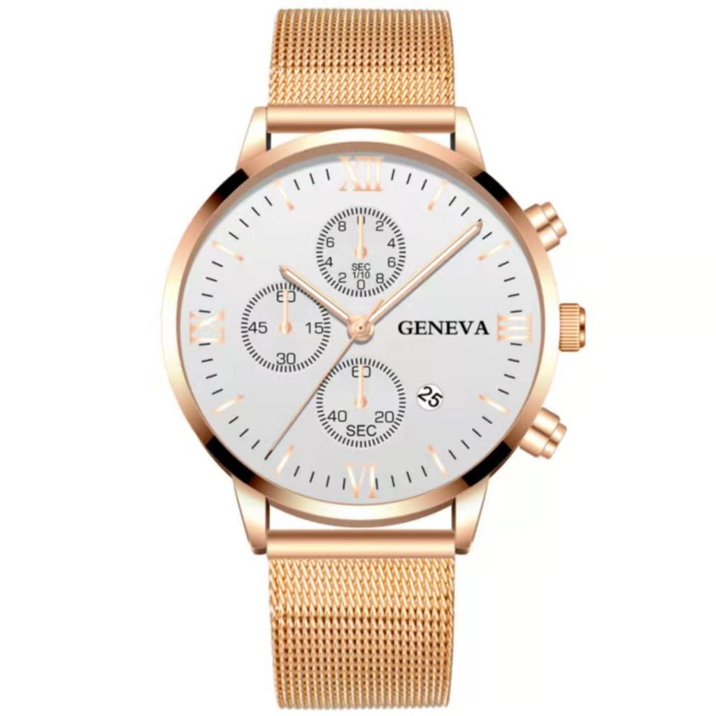 Mesh Belt Men With Calendar, Fake Three-Eye Business Leisure Boys Gift Quartz Watch