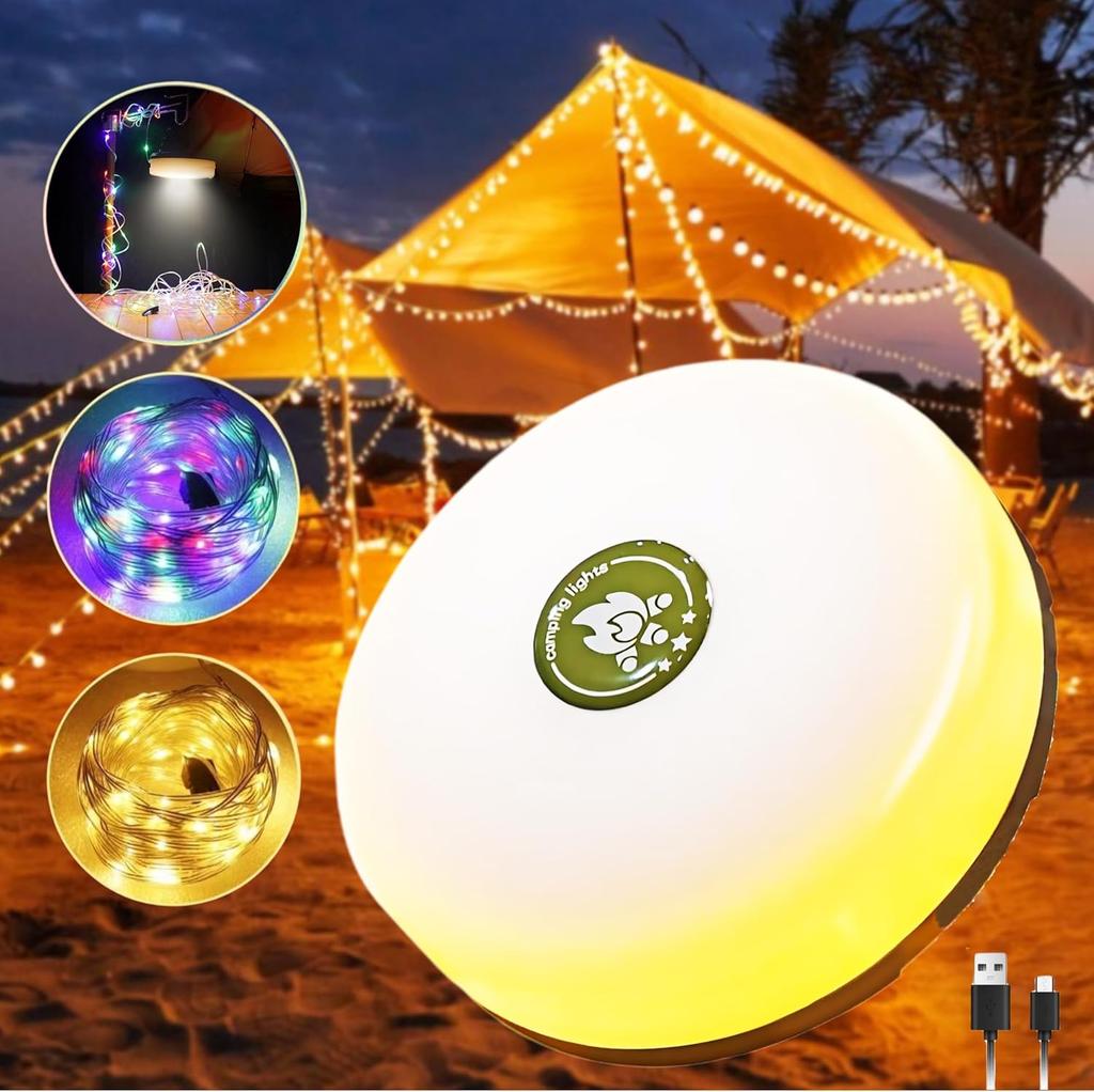 D5 Rechargeable 32.8FT Camping 10M String Lights 2 in 1 Quick Storage Tent Light with 5 Lighting Modes Hanging Portable LED Lamp