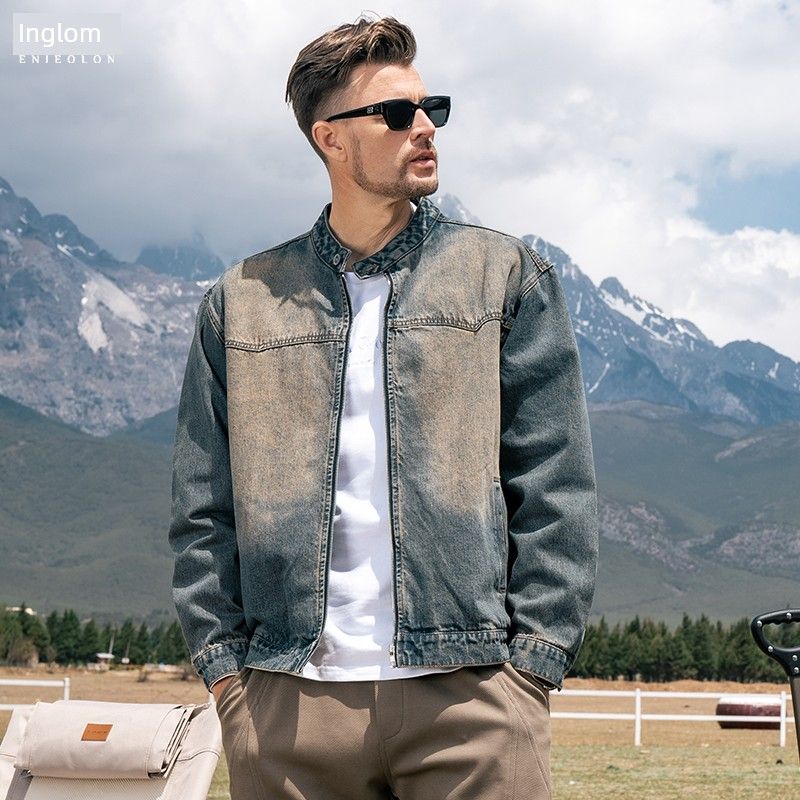 Yingjuelun Heavy-Duty Deconstructed Washed Vintage Denim Jacket for Men, Autumn and Winter Stand-Up Collar Jacket, American Retro Denim Clothing