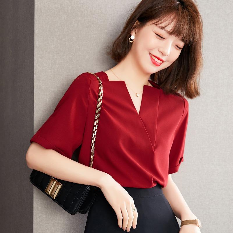 Rotes kurzärmeliges Chiffonhemd für Damen im Sommer im neuen Stil, modisches V-Ausschnitt-Oberteil