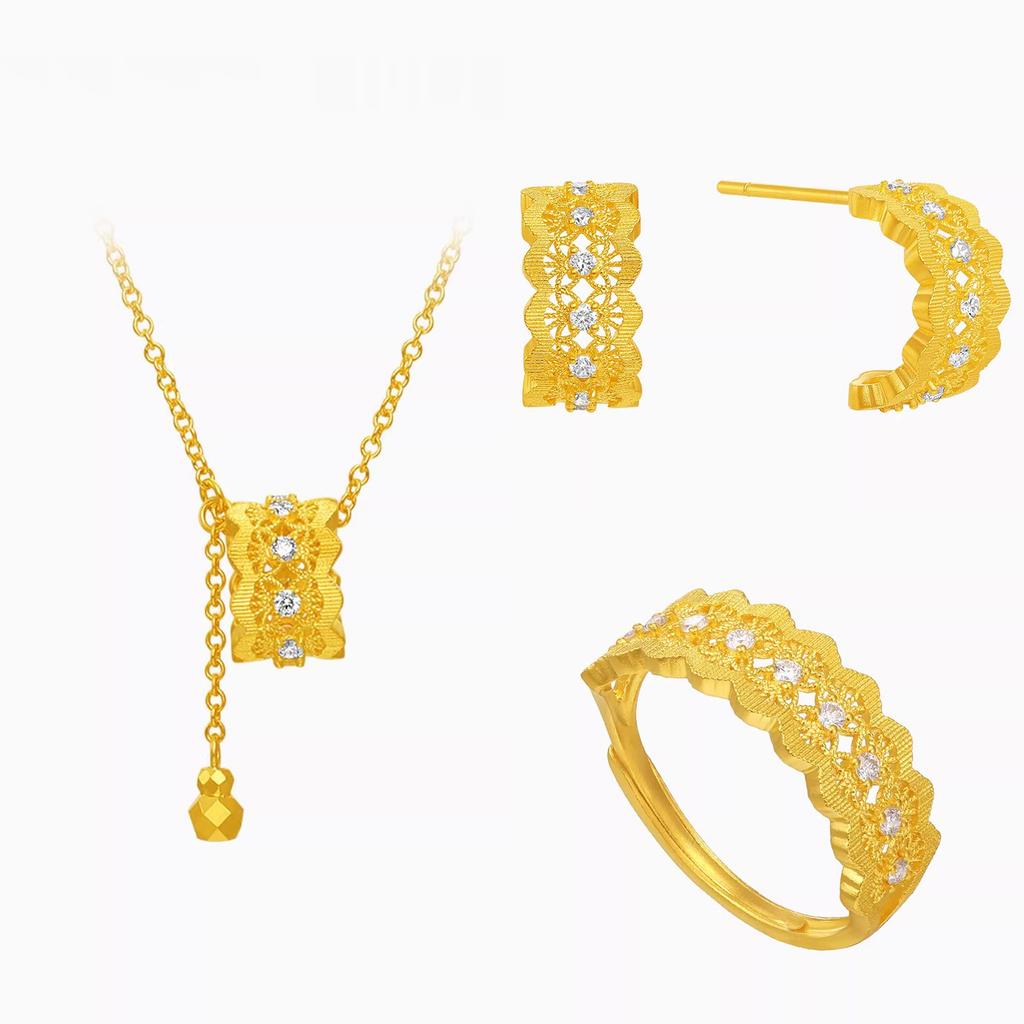 Satin Light Passepartout Fringed Pendant Necklace Filigree Diamond Stud Earrings Gold Lace Open Ring Women