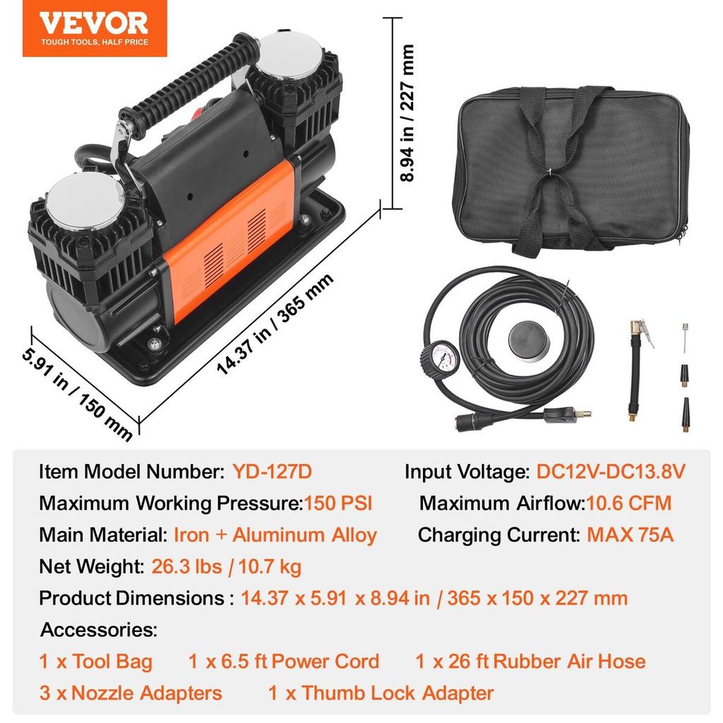 10,6CFM Přenosná hustilka pneumatik Dvouválcový kompresor 12V 150PSI